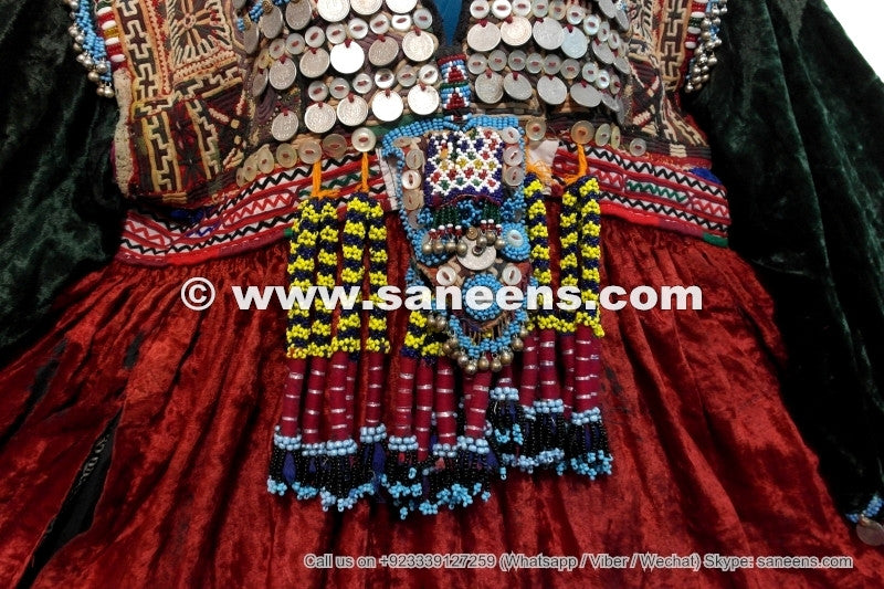 pashtun tribal vintage coins frock with beaded tassels