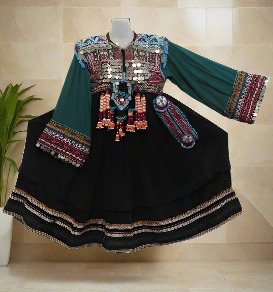 afghan kuchi coins work frocks dress in dark green velvet