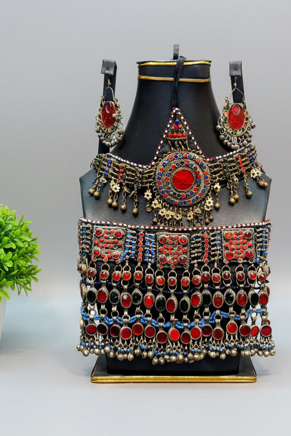 Pashtoon Vintage Necklace Earrings Tika Set With Red Stones