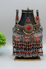 Pashtoon Vintage Necklace Earrings Tika Set With Red Stones