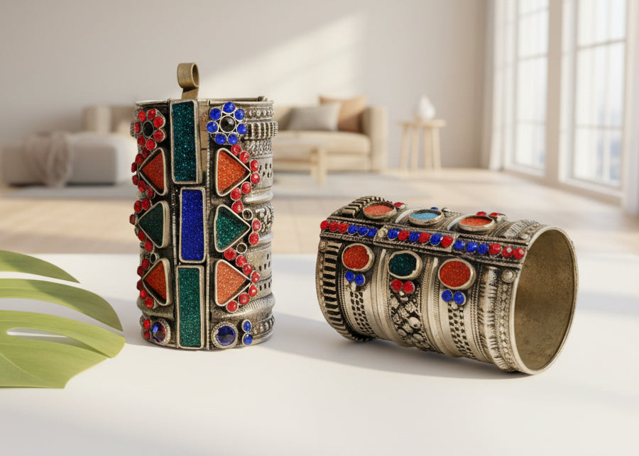 Afghan Gypsy Tribal Art Long Bracelet Cuffs Pair