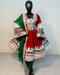 Traditional outfit with a red and green dress on a mannequin against a plain background
