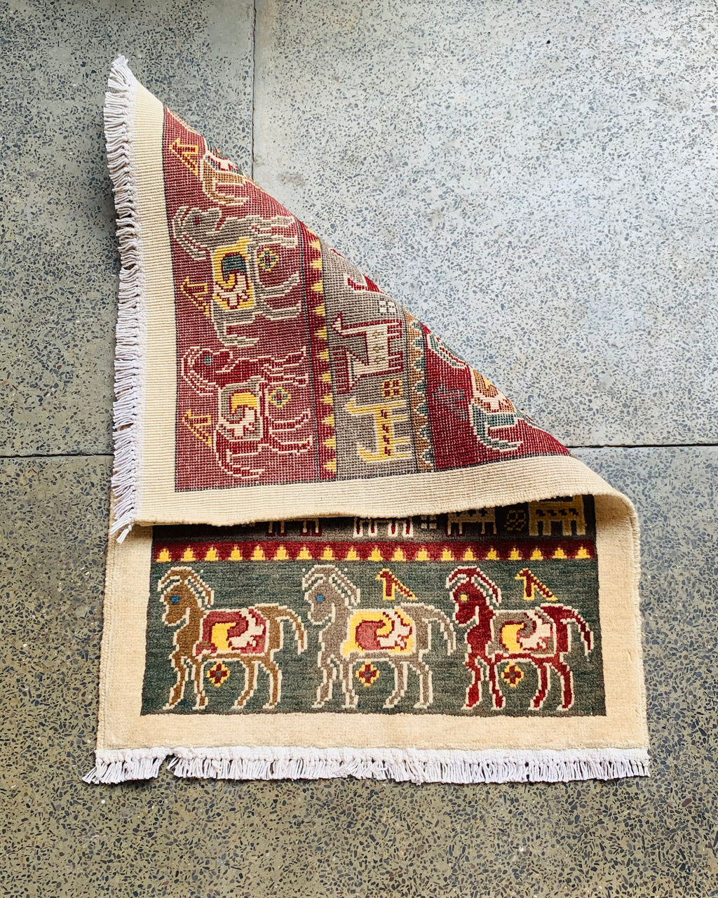 Handwoven Afghan War Horse Scene Carpet 2.9x2 ft