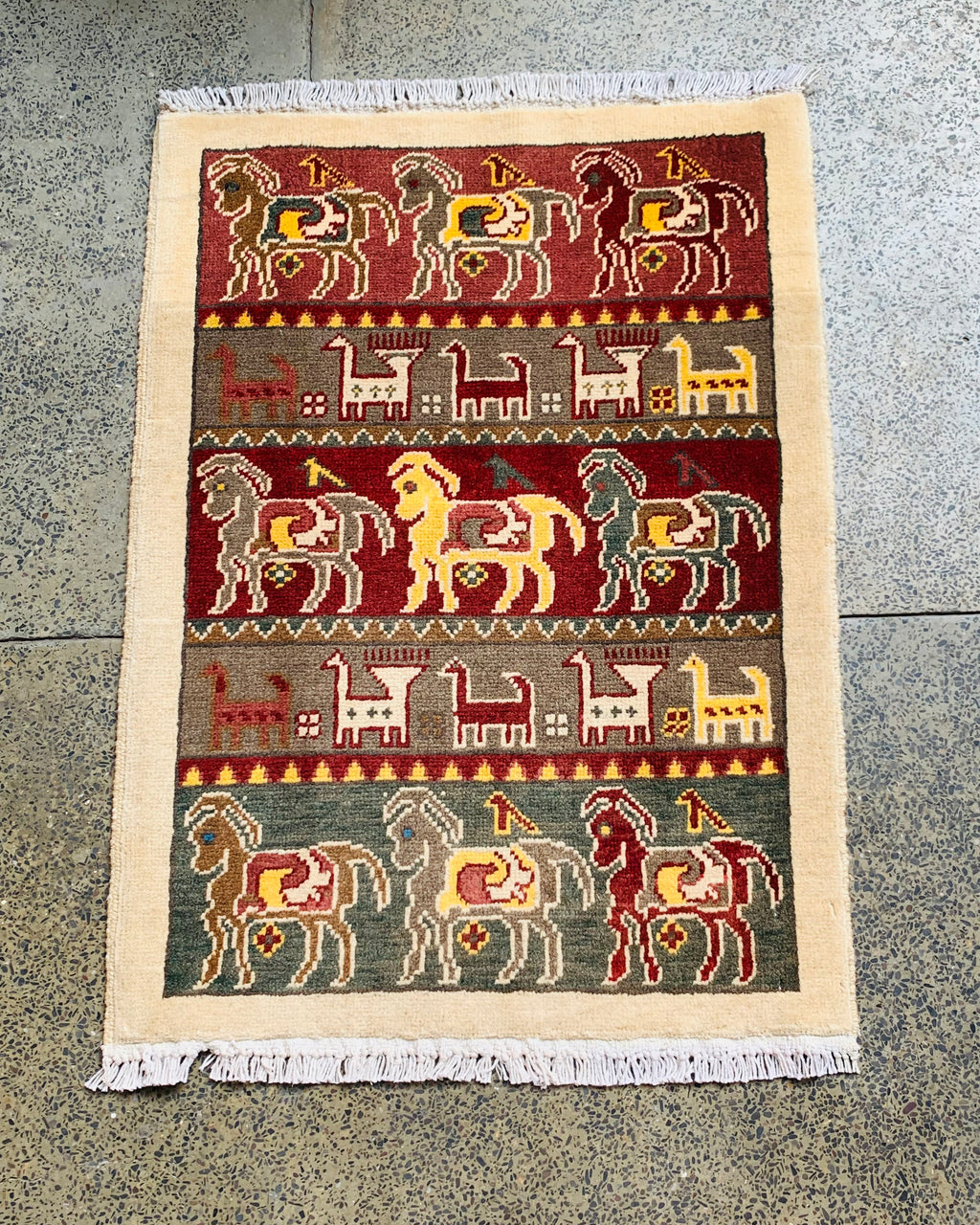 Handwoven Afghan War Horse Scene Carpet 2.9x2 ft