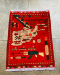 Cultural War Motif Afghan Map Carpet 2.7x2 ft