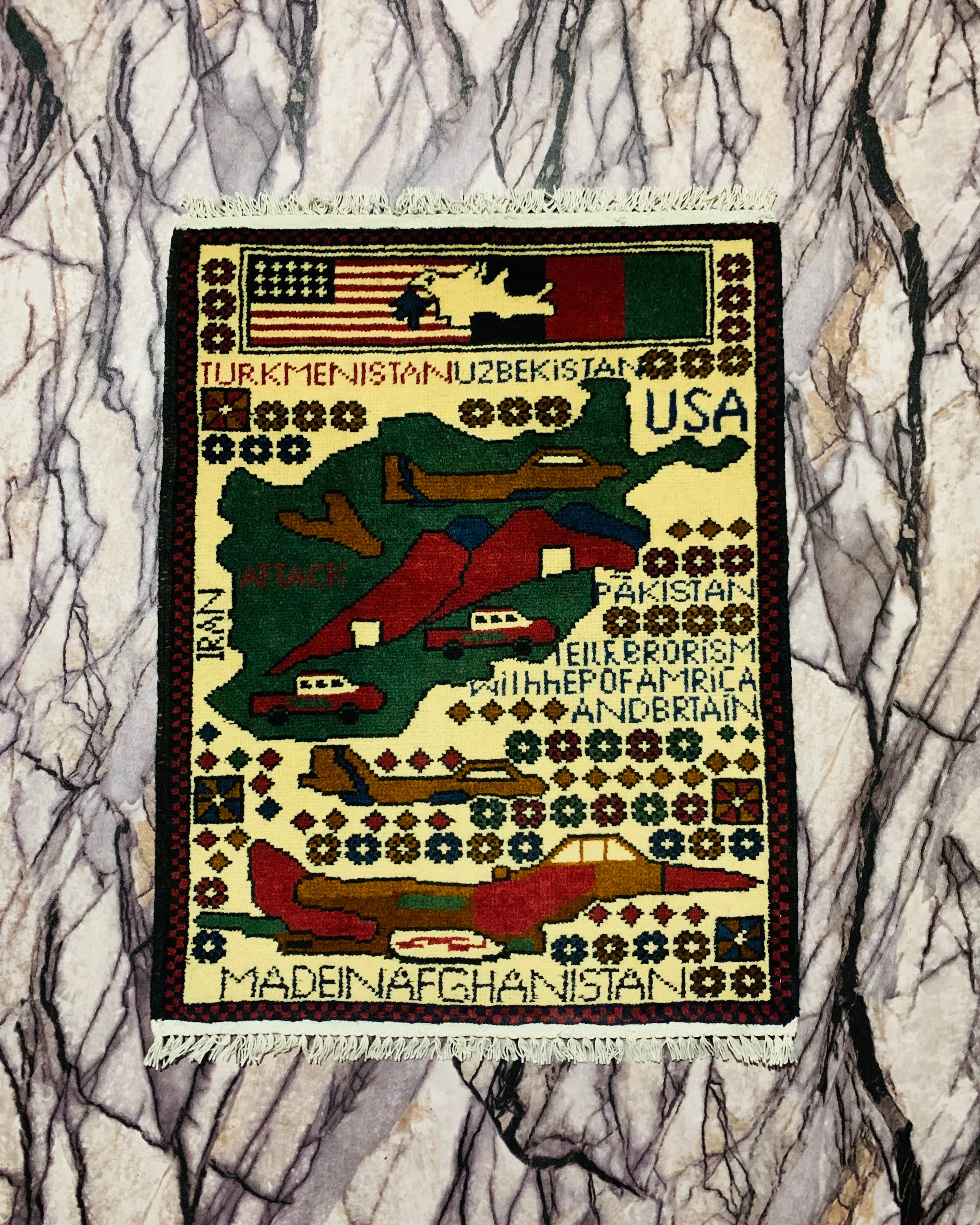 Handwoven USA Afghan War Rug Piece 2.5x1.9 ft