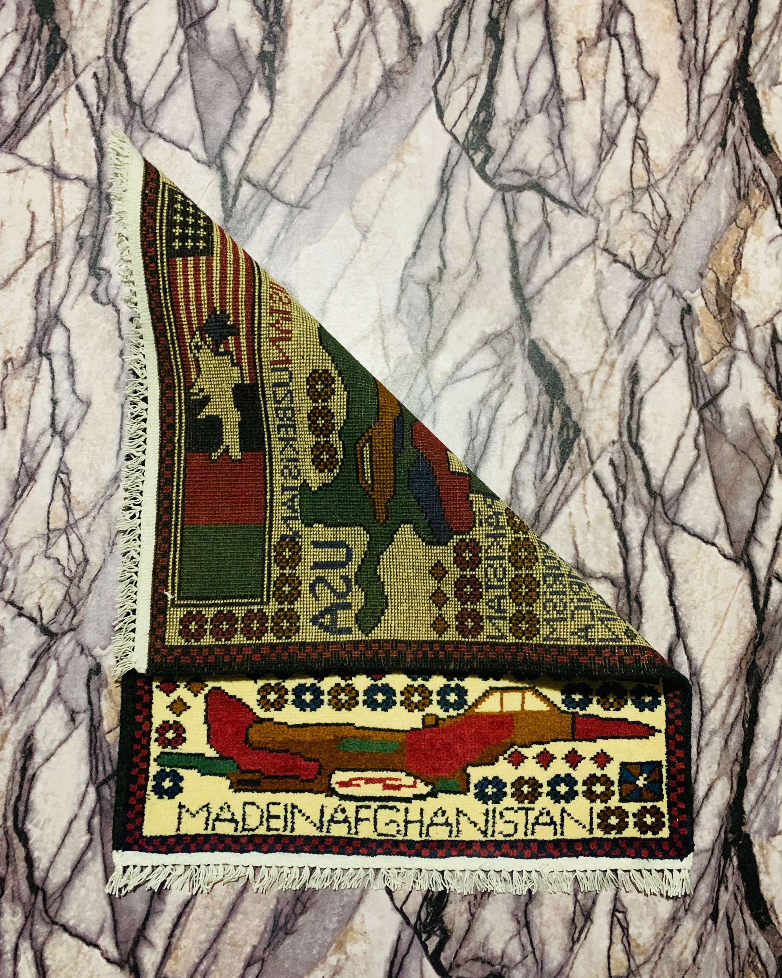 Handwoven USA Afghan War Rug Piece 2.5x1.9 ft