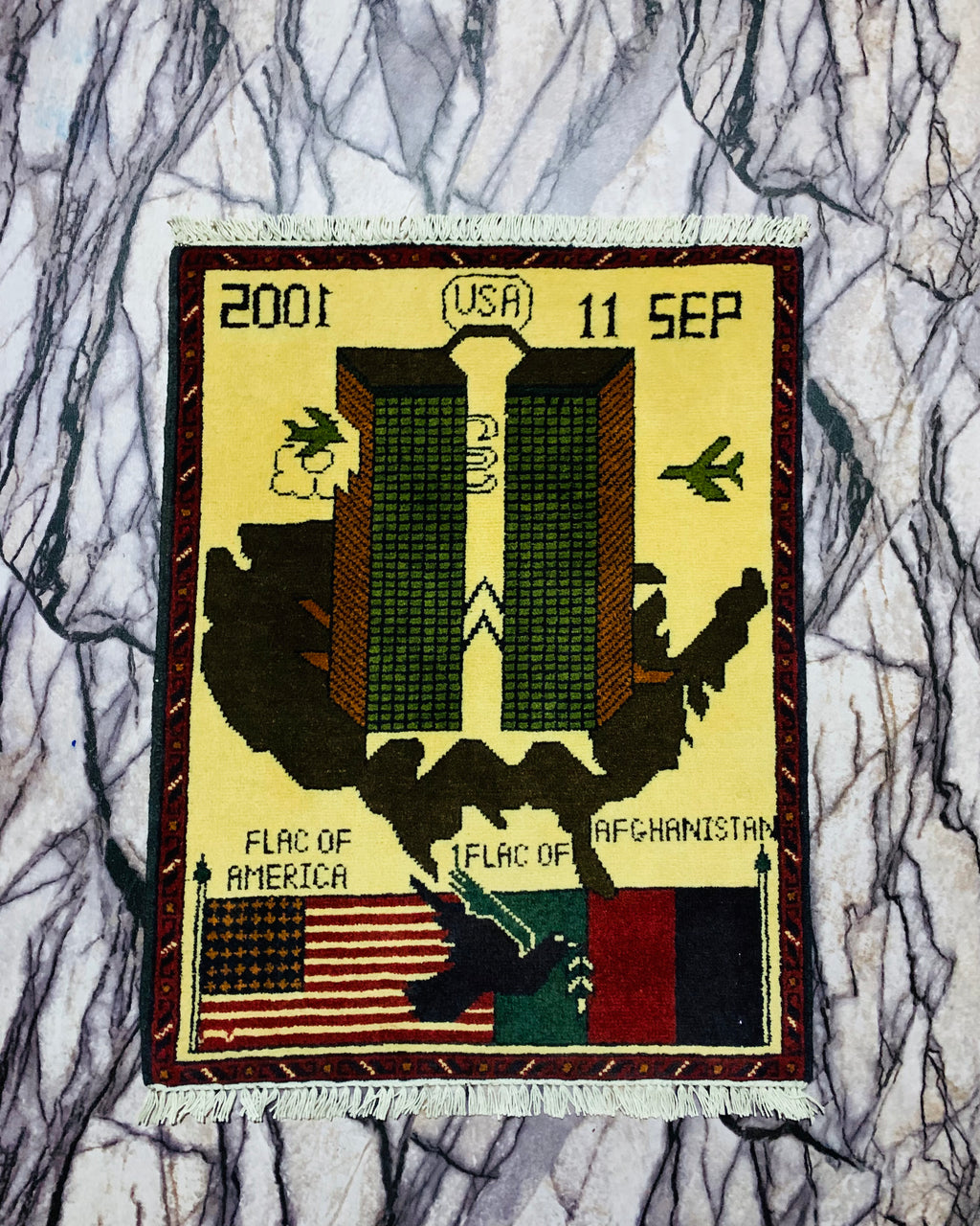 Handcrafted 9/11 War Rug Textile 2.2x1.9 ft