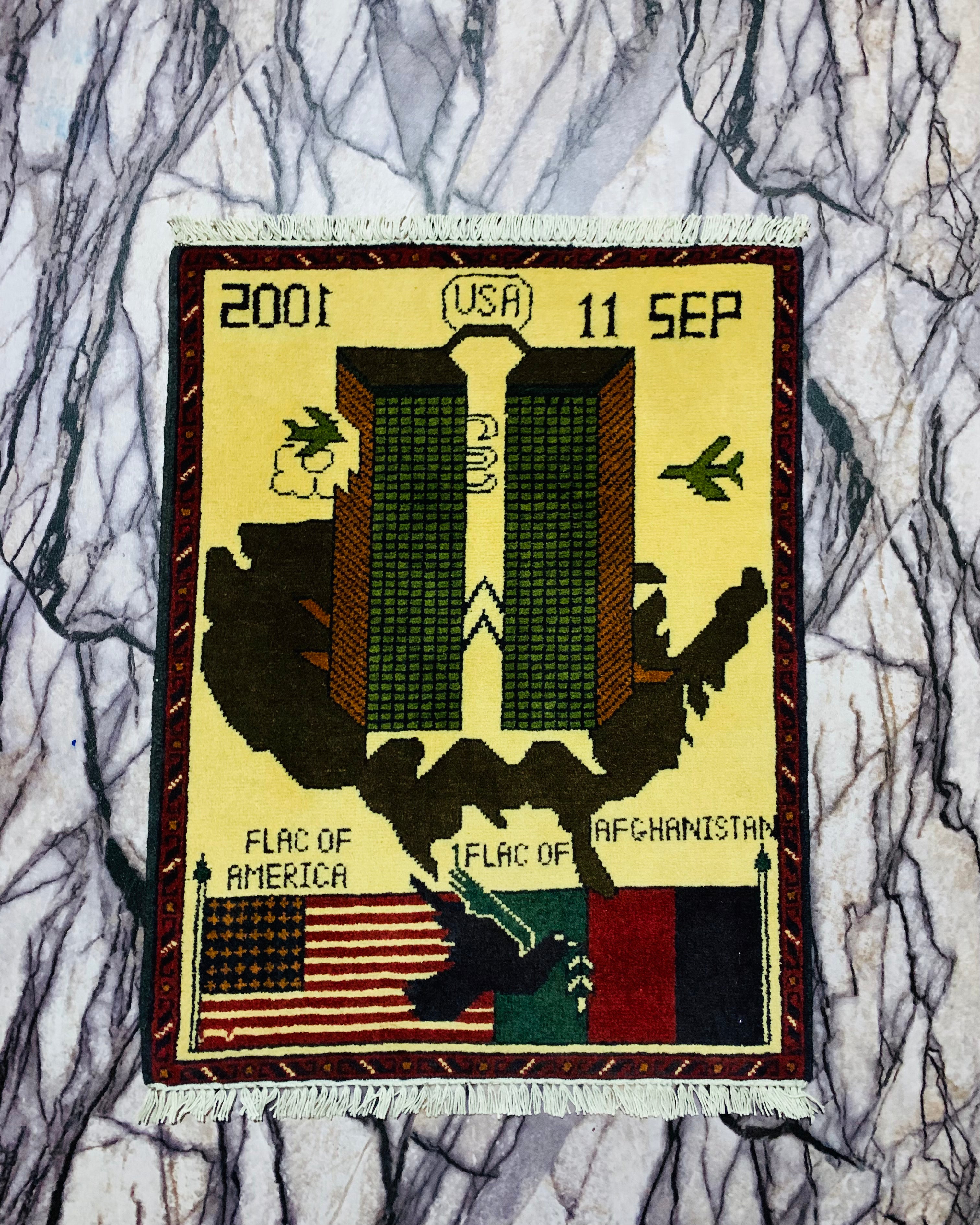 Handcrafted 9/11 War Rug Textile 2.2x1.9 ft
