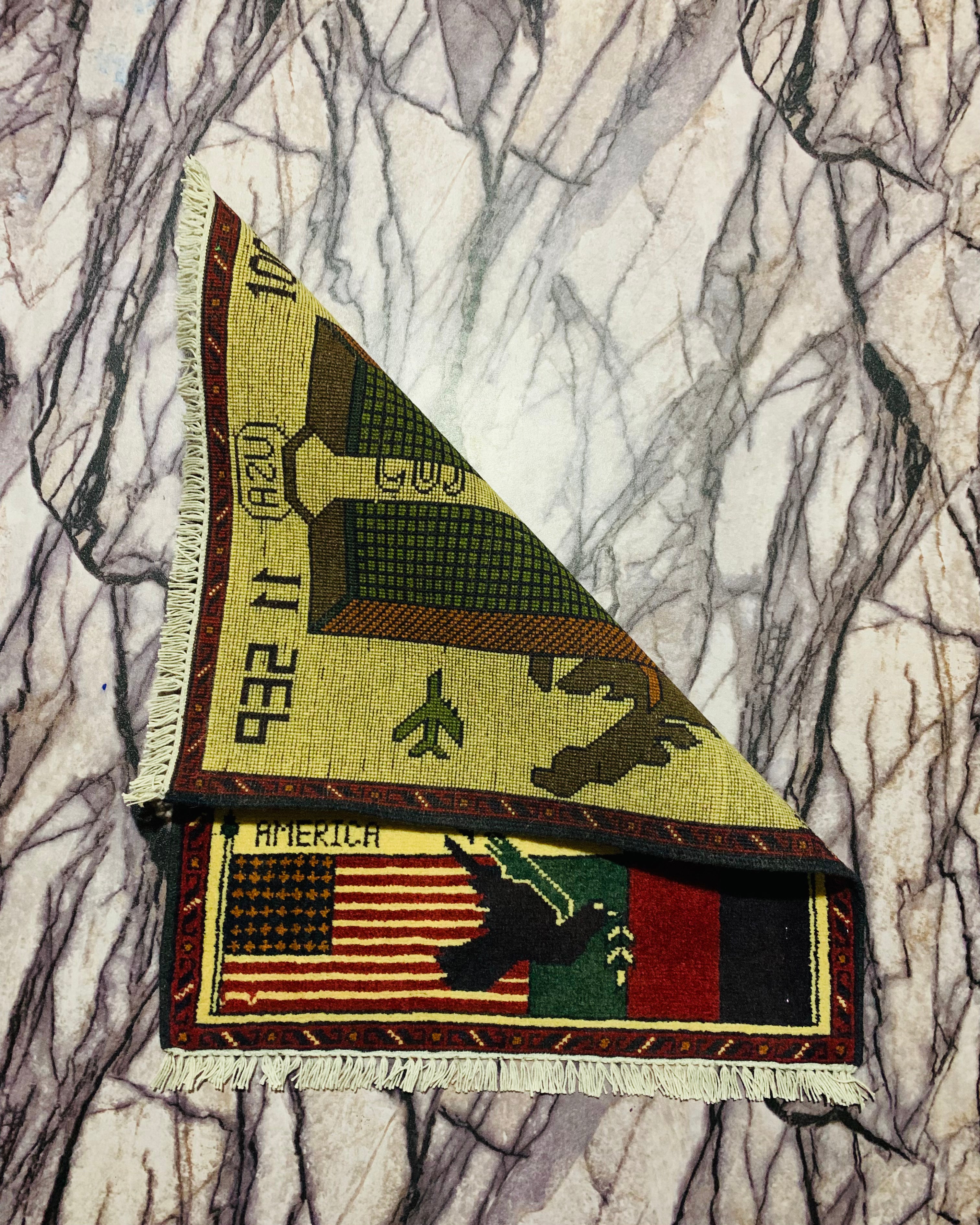 Handcrafted 9/11 War Rug Textile 2.2x1.9 ft