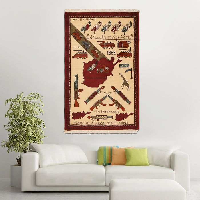 Handwoven Afghan War Weapons Rug 4x2.6 ft