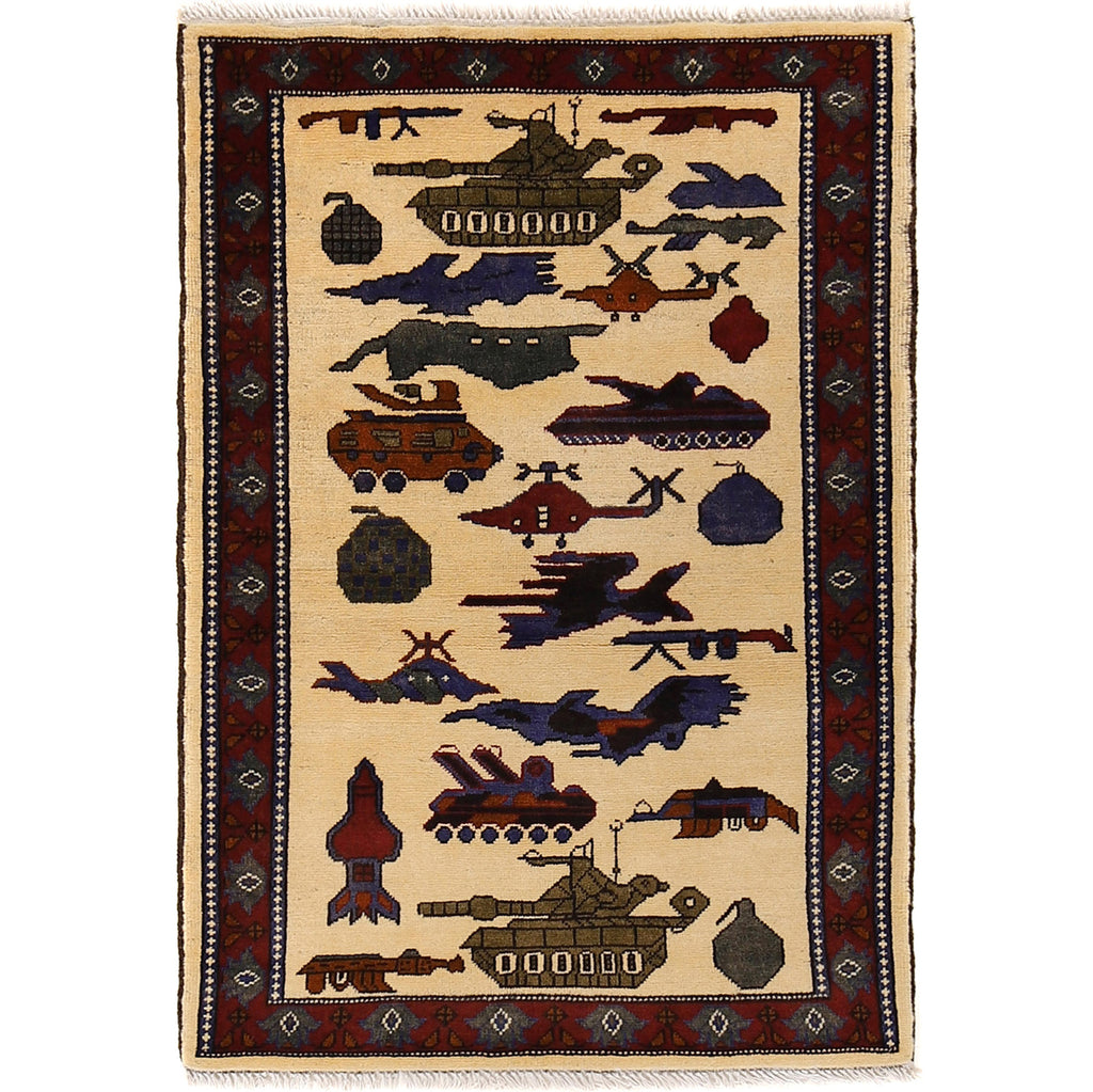 Afghan Tribal Heritage War Weapons Story Carpet 4x2.7 ft
