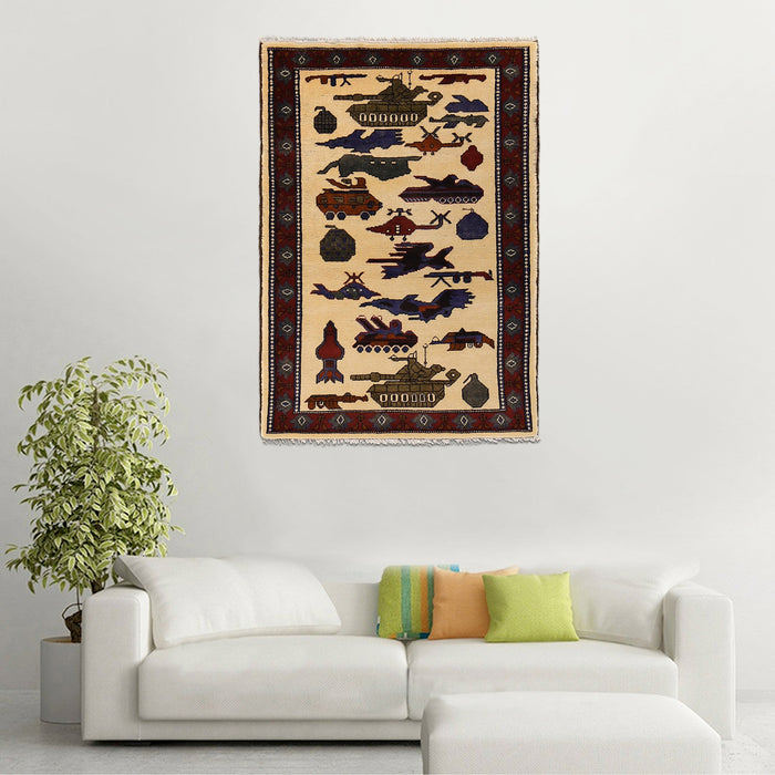Afghan Tribal Heritage War Weapons Story Carpet 4x2.7 ft