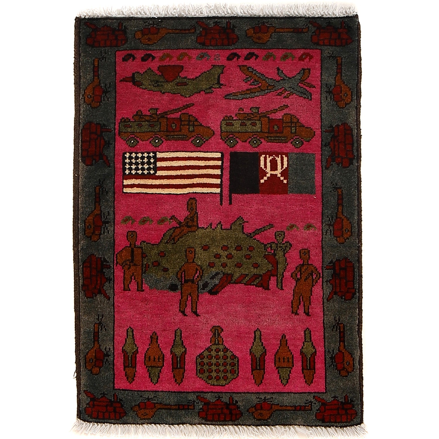 Handcrafted Afghan vs USA War Carpet 2.8x1.9 ft