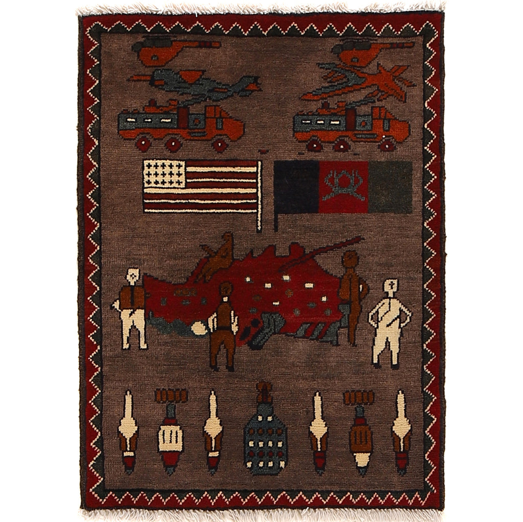 Unique Afghan War Scene Carpet 2.6x1.9 ft