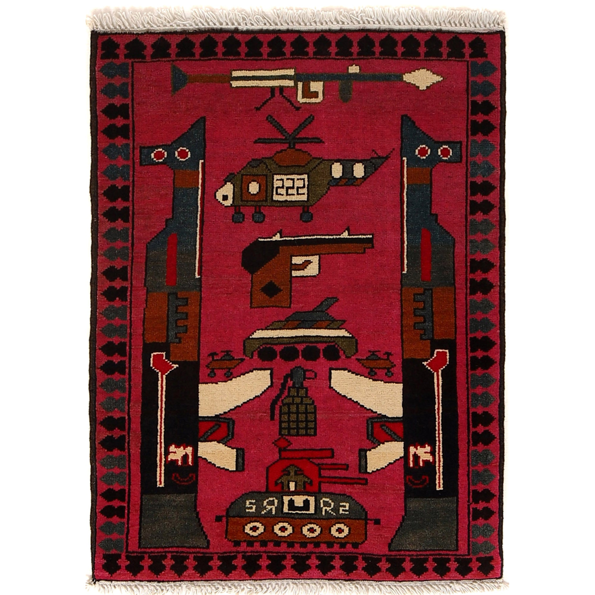 War Motif Afghan Weapons Carpet 2.8x2 ft