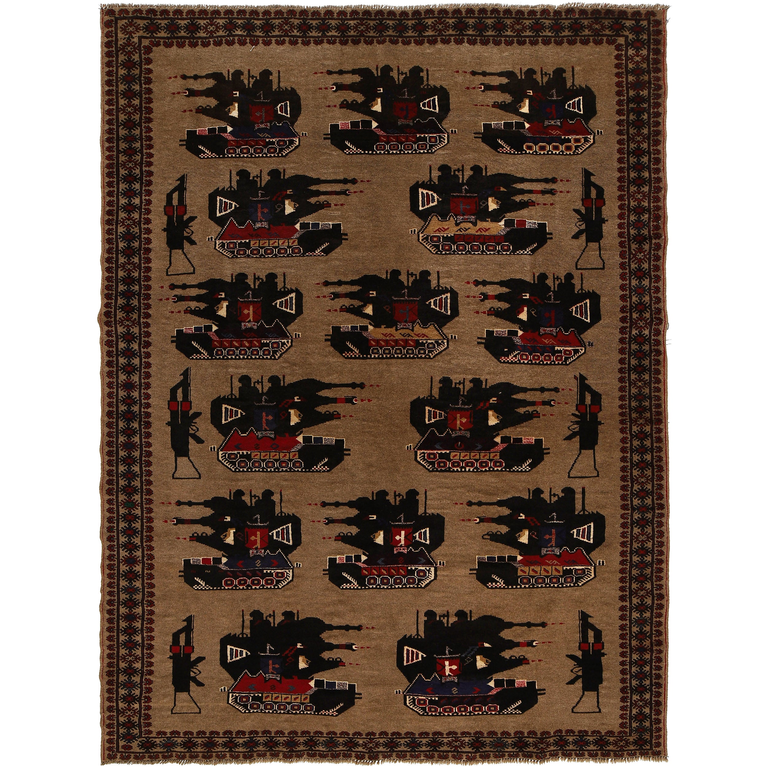 Handwoven Afghan War Scene Rug 8.7x6.4 ft
