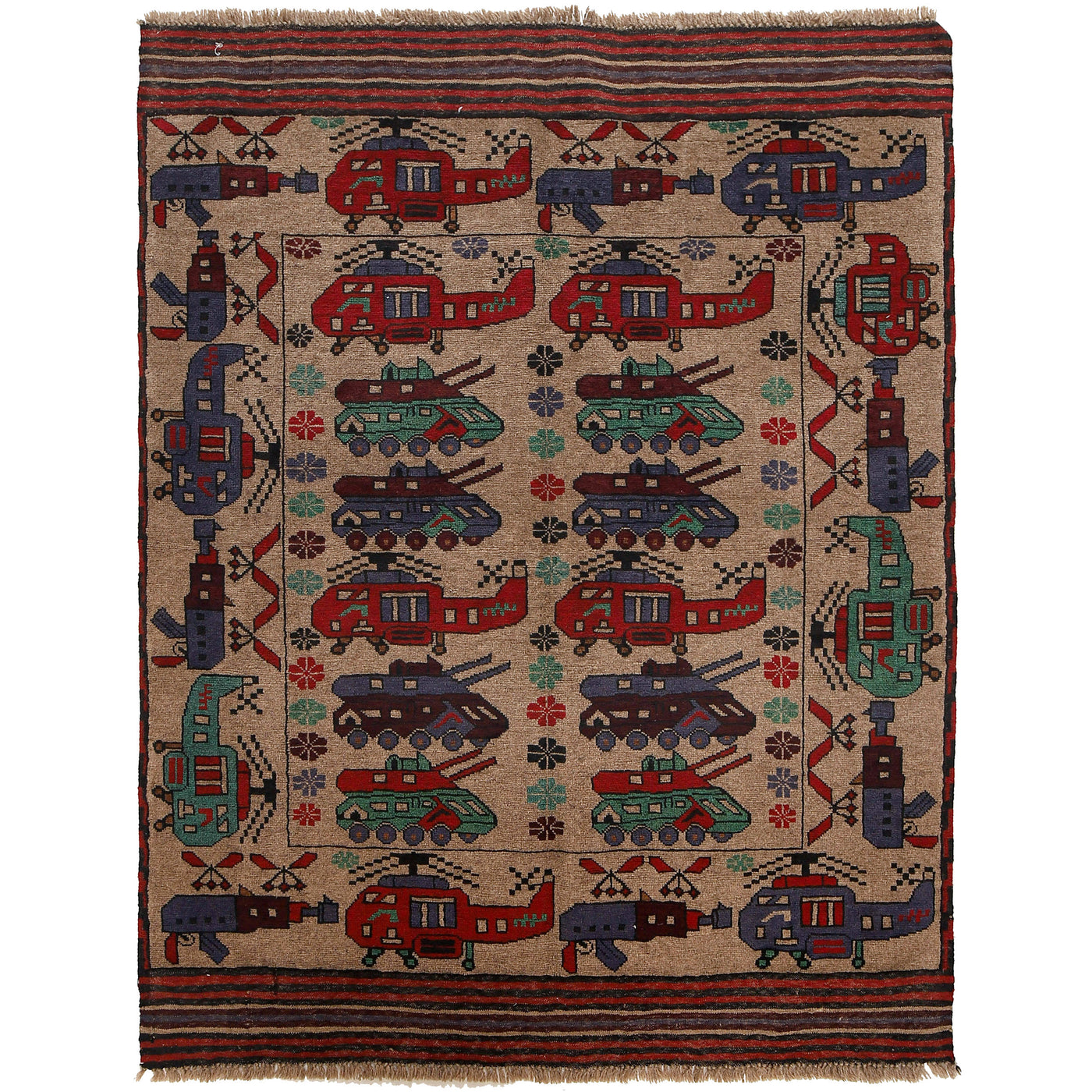 Afghan War Helicopter Tanks Motif Rug 5.5x4.2 ft