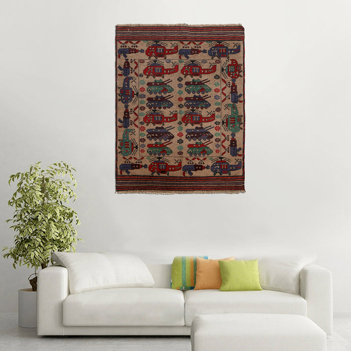 Afghan War Helicopter Tanks Motif Rug 5.5x4.2 ft