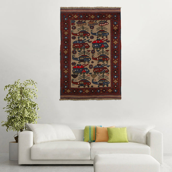 Vintage Afghan War Helicopter Carpet 4.5x3 ft