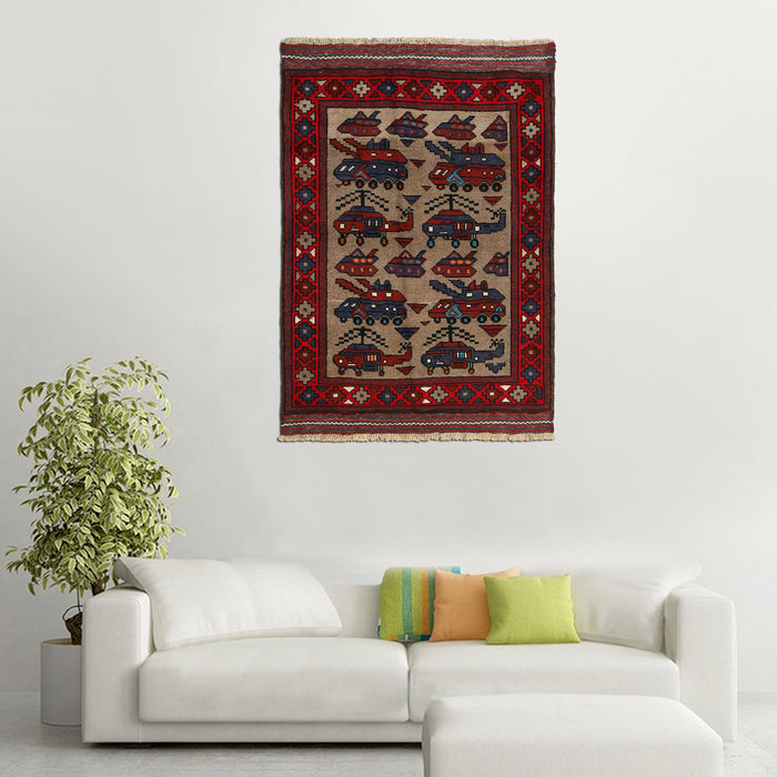 Handwoven Tribal War Helicopter Tanks Rug 4.5x3.1 ft