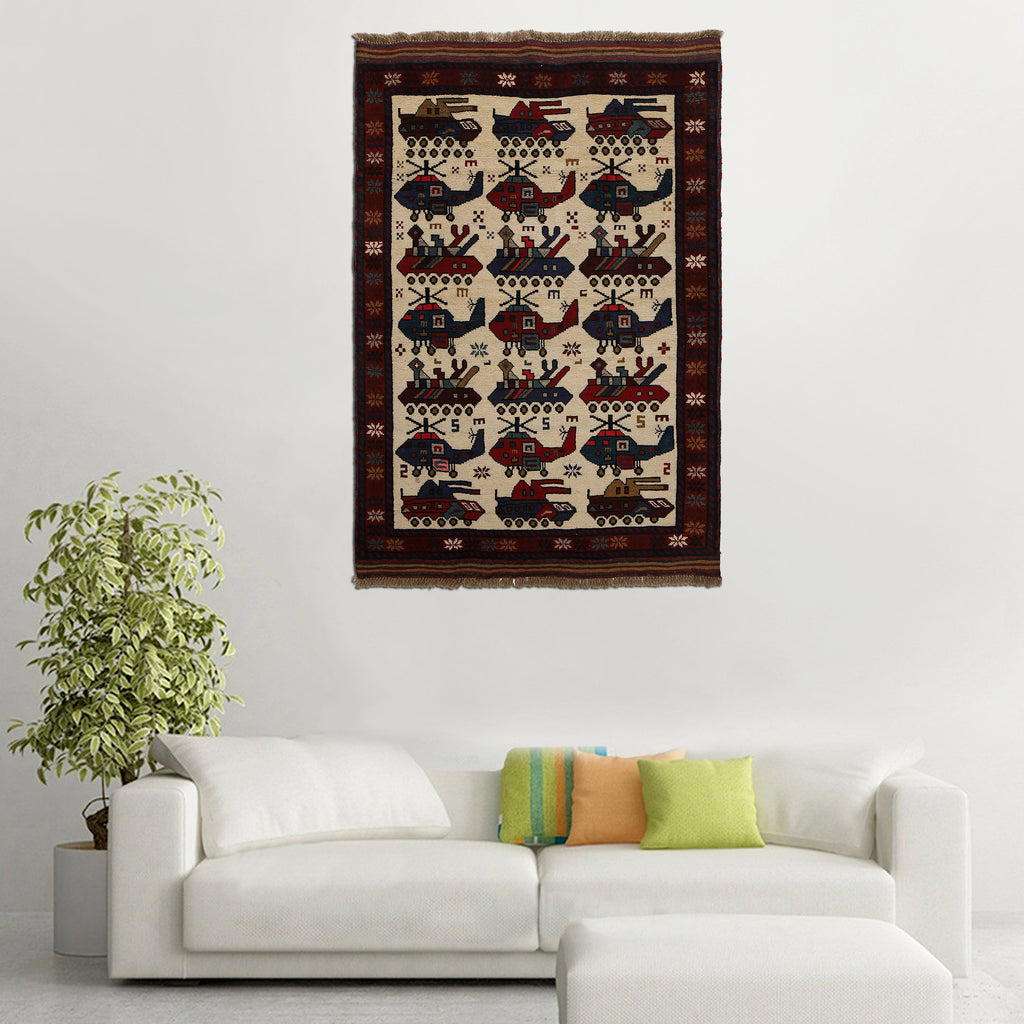 Authentic Battle Helicopter Scene Carpet 5x3.2 ft