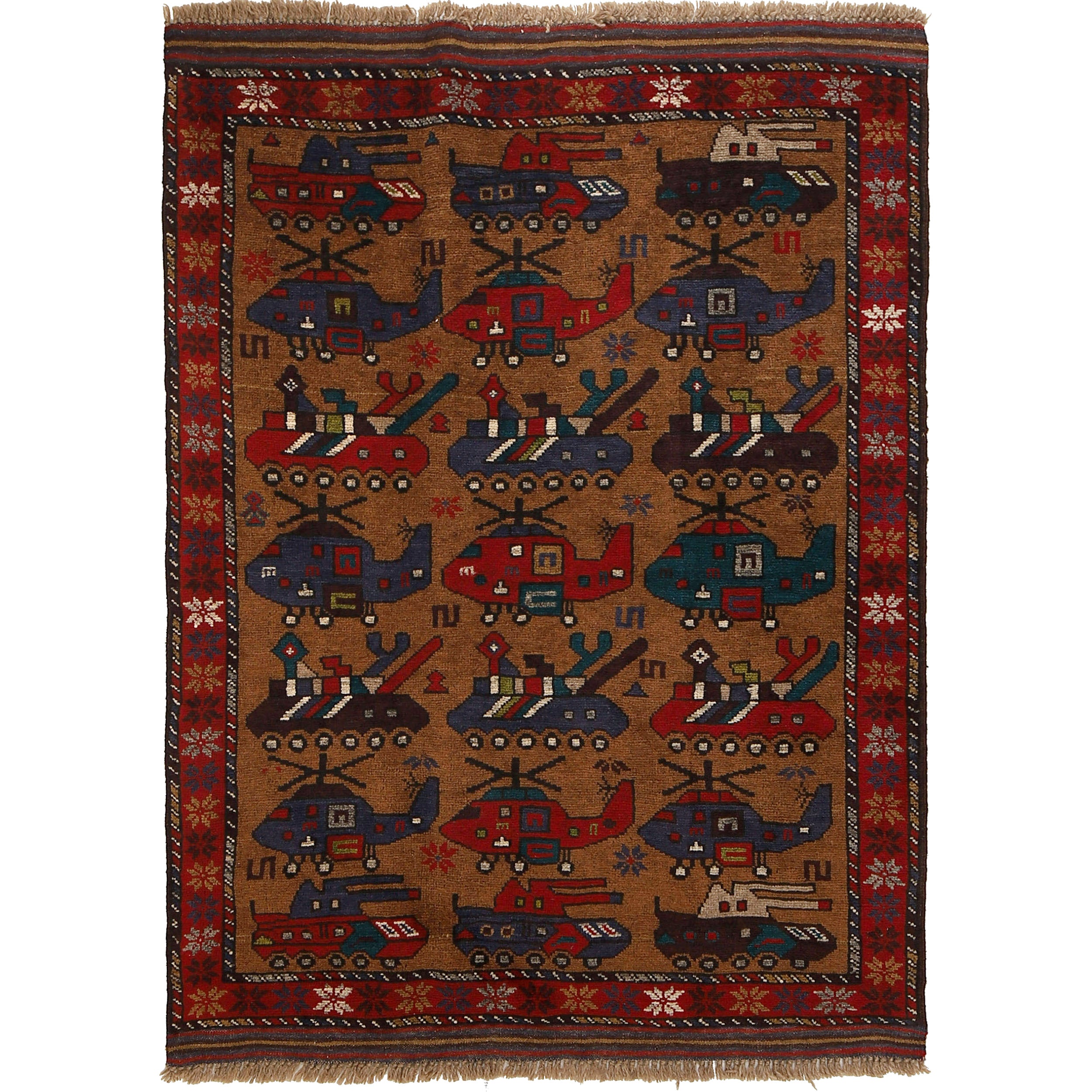 Afghan Cultural Helicopter Motif Rug 4.3x3.1 ft