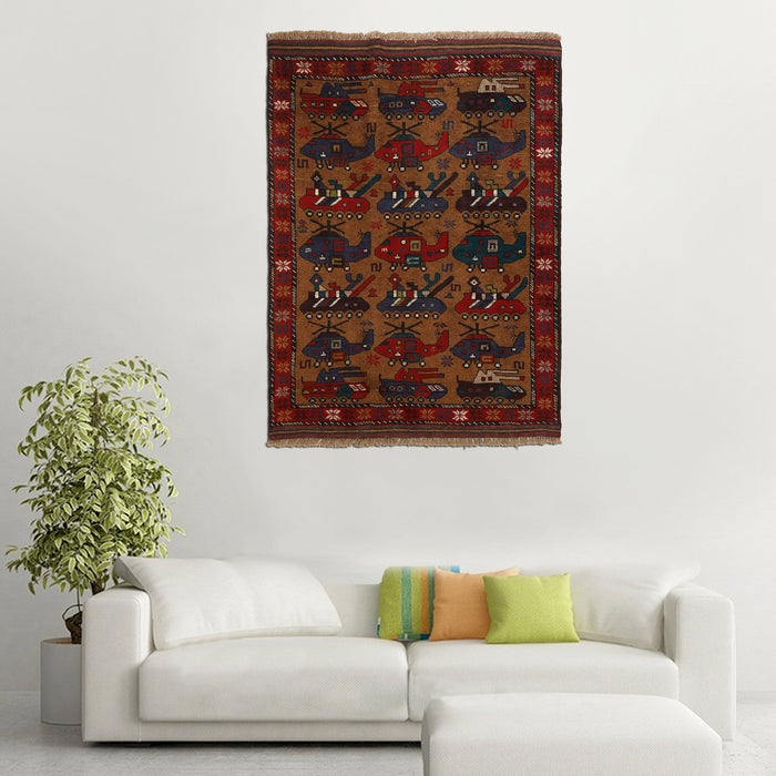Afghan Cultural Helicopter Motif Rug 4.3x3.1 ft