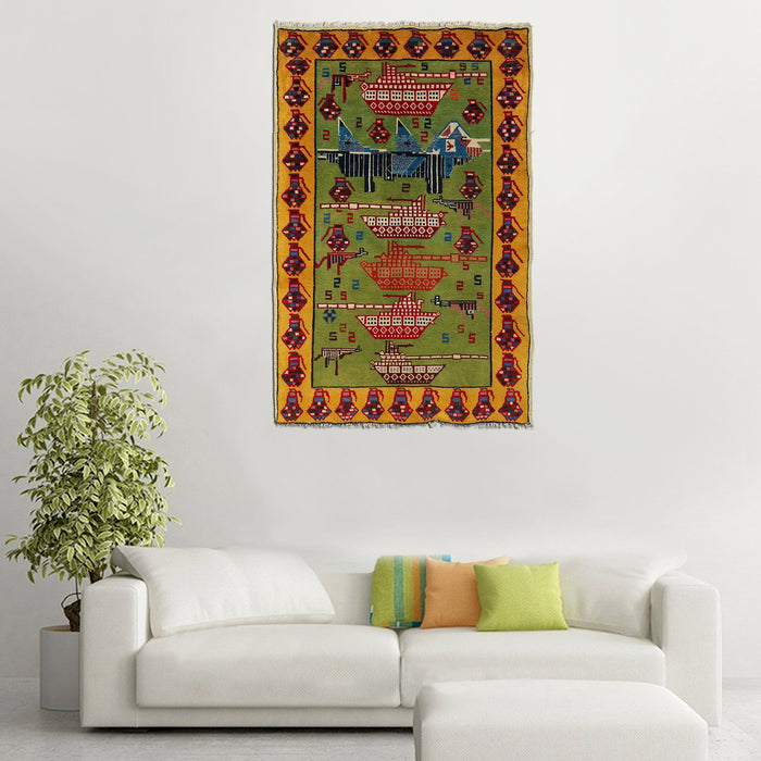 Afghan Tank Symbol War Rug 4.4x2.7 ft