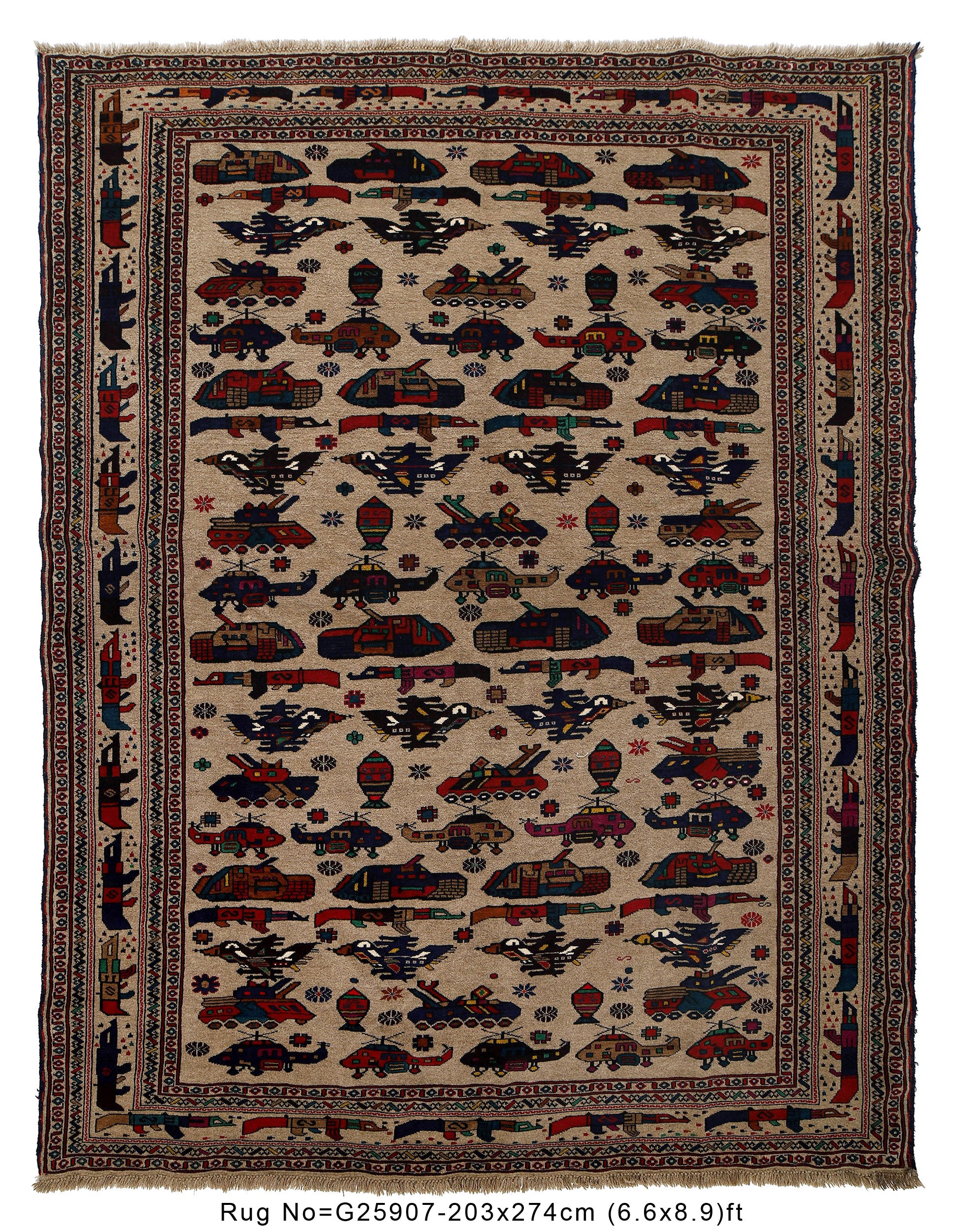 Authentic Afghan Battle Story War Weapons Rug 8.9x6.6 ft