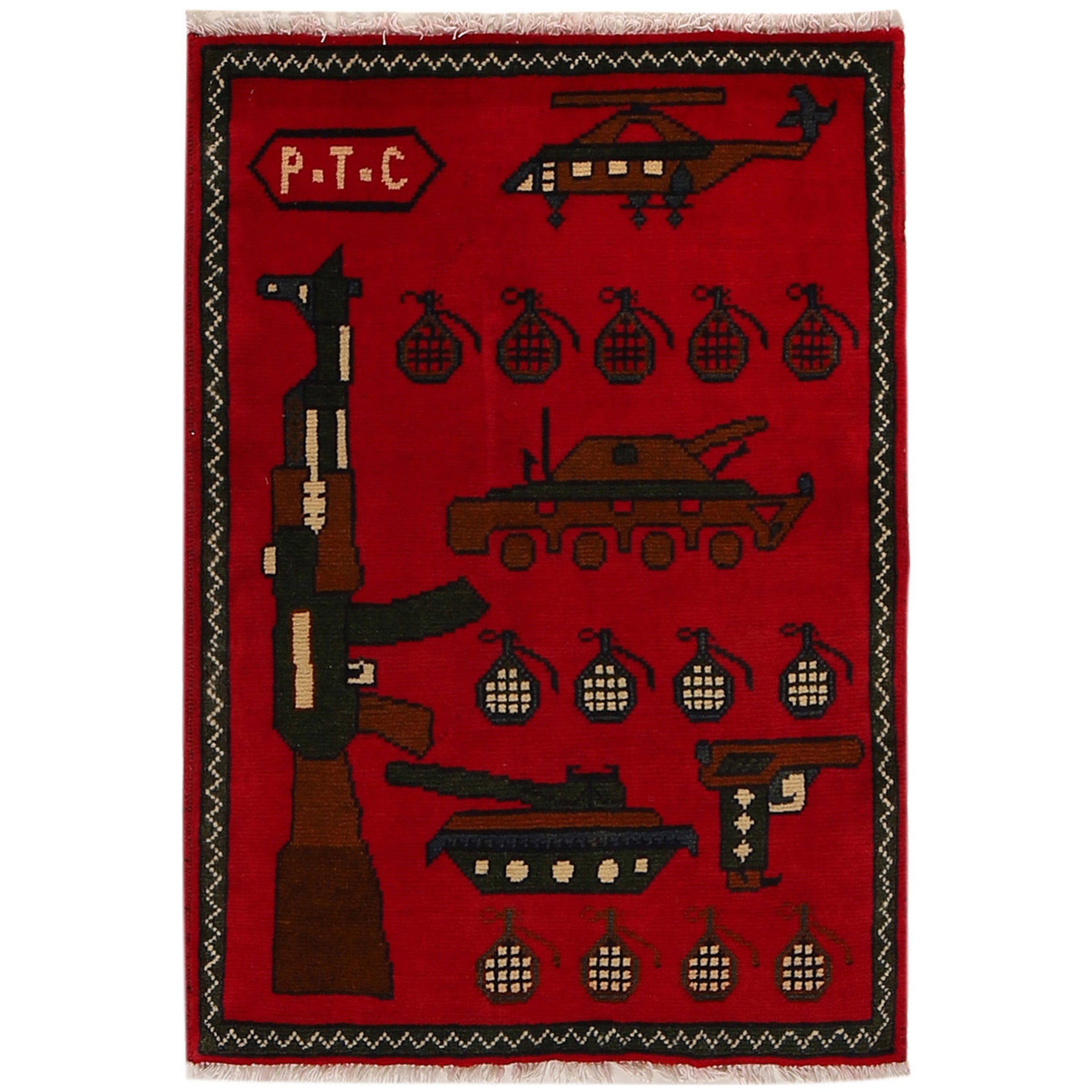 Handwoven Afghan AK-47 Rug Symbols 2.8x2 ft