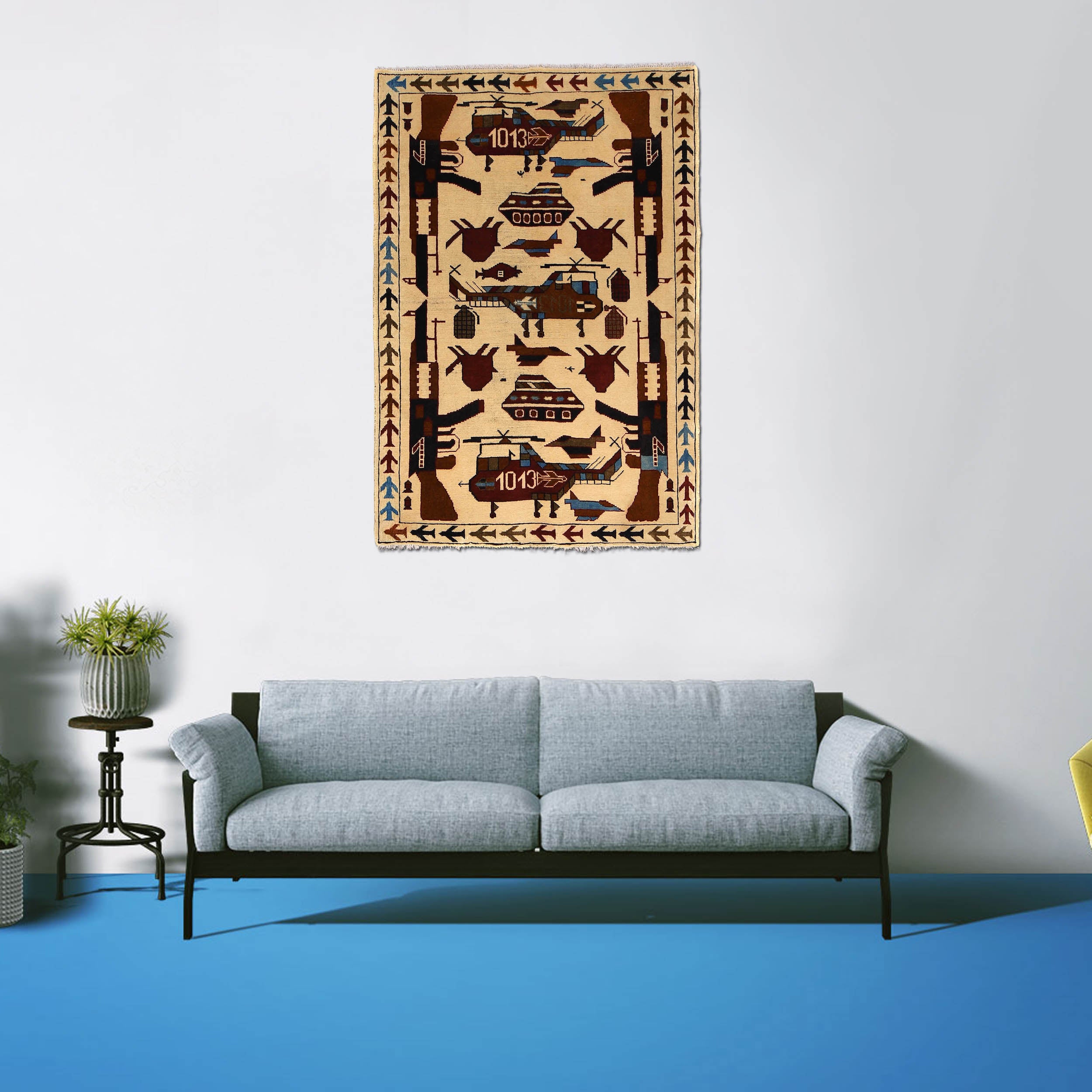 Handwoven Cultural War AK-47 Carpet 4.9x3.3 ft