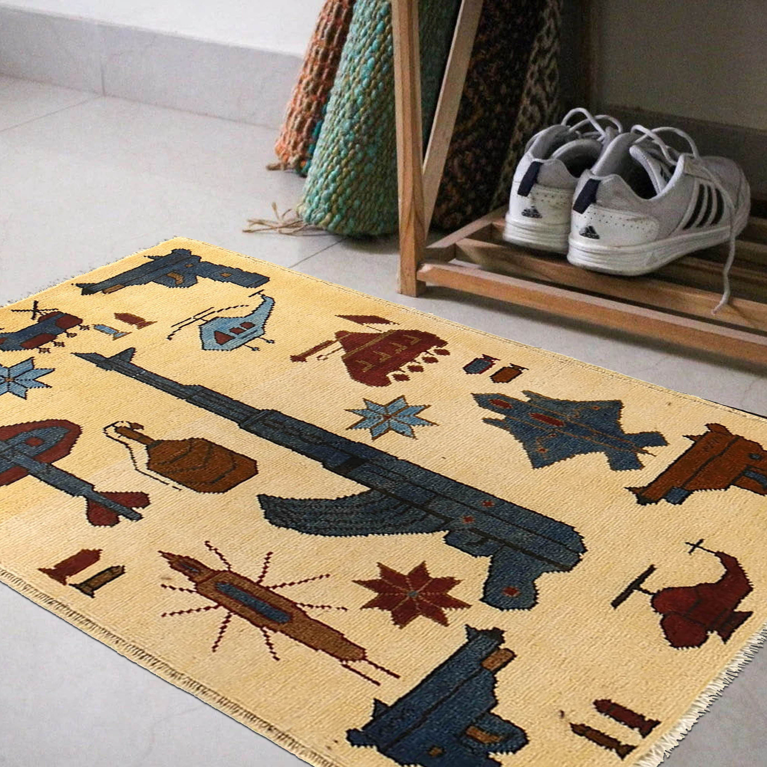 Afghan AK-47 Rug Tribal Heritage 2.9x1.9 ft
