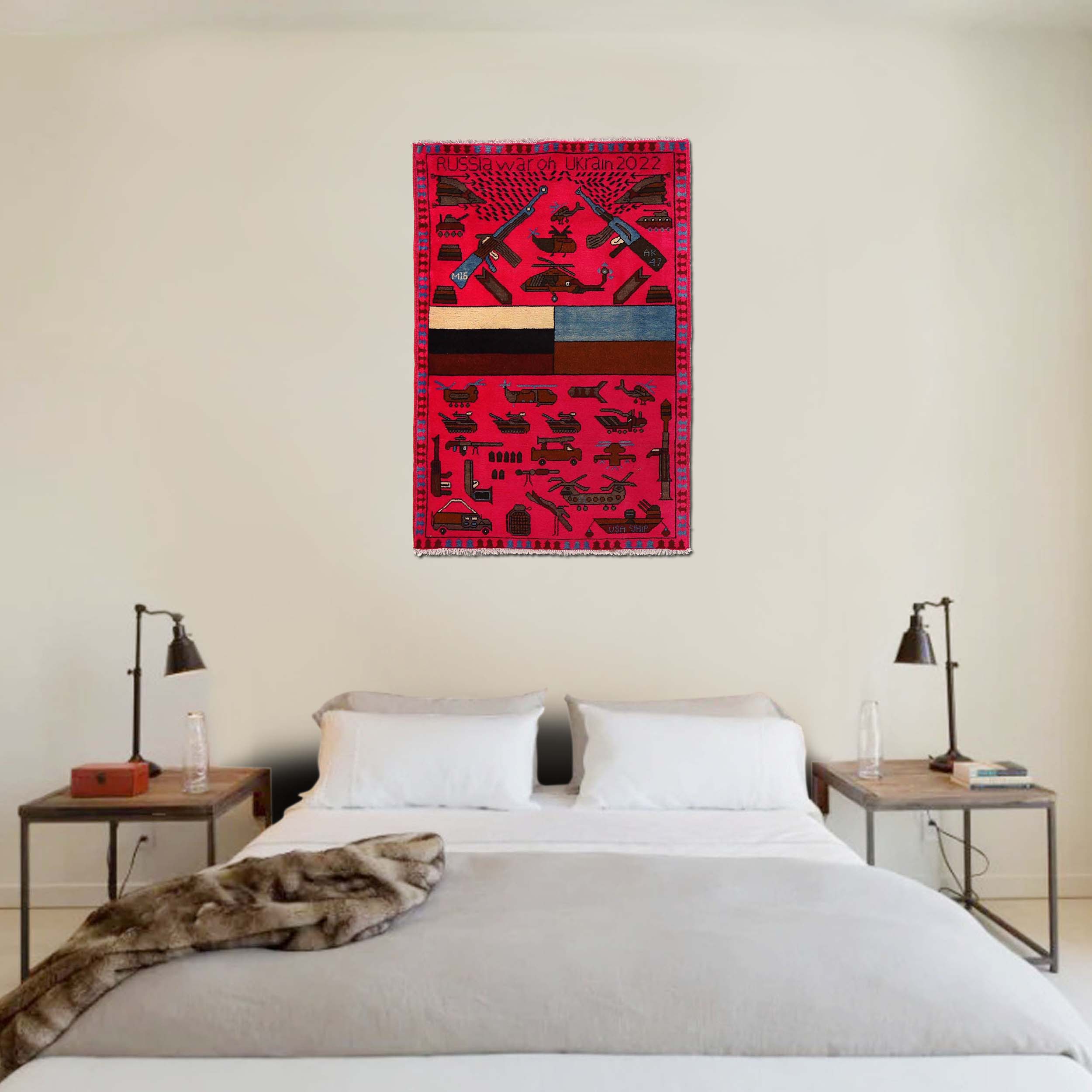 Vintage Afghan Motif War Rug 3.9x2.6 ft