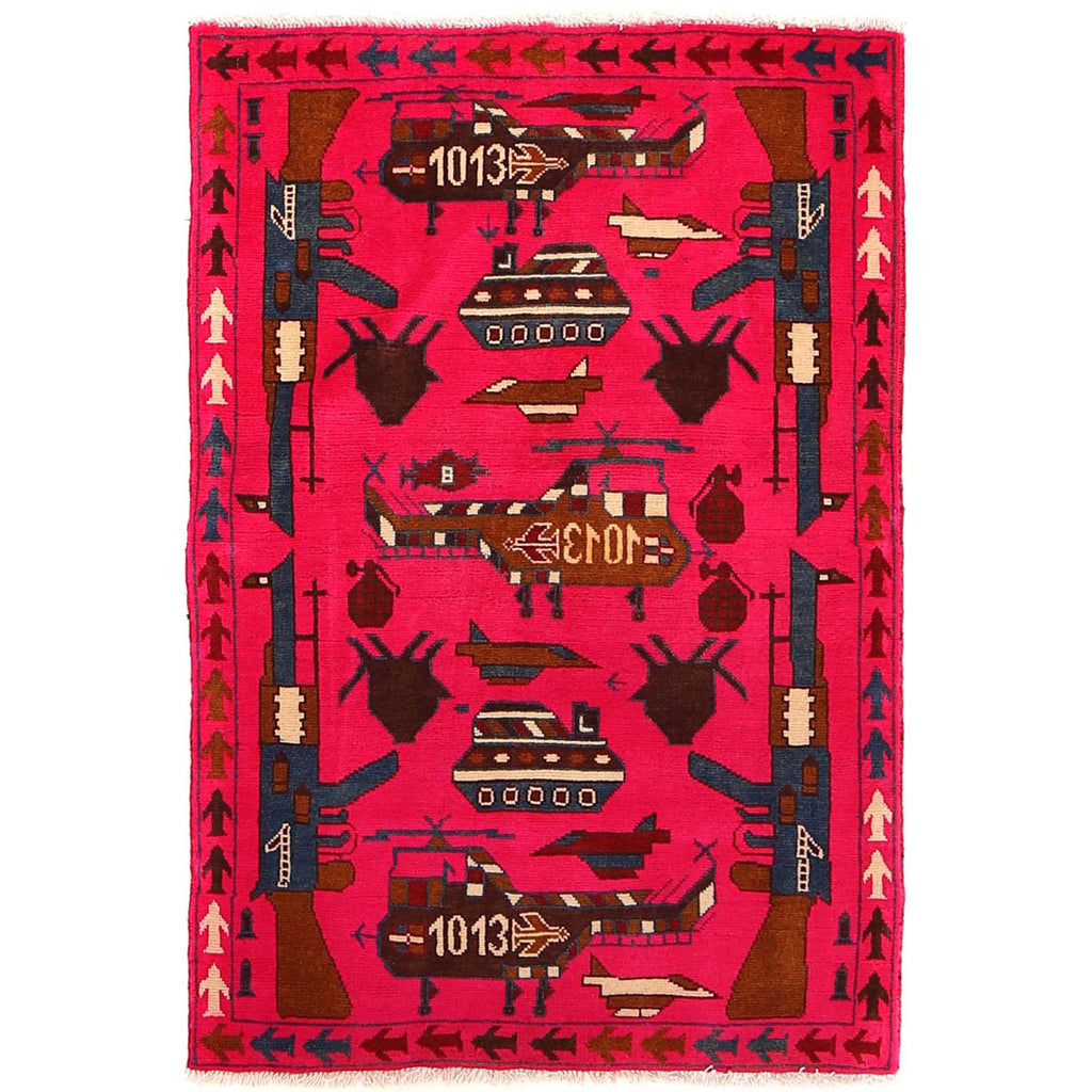Afghan Unique Tribal Weapons Symbol Carpet 3.9x2.6 ft