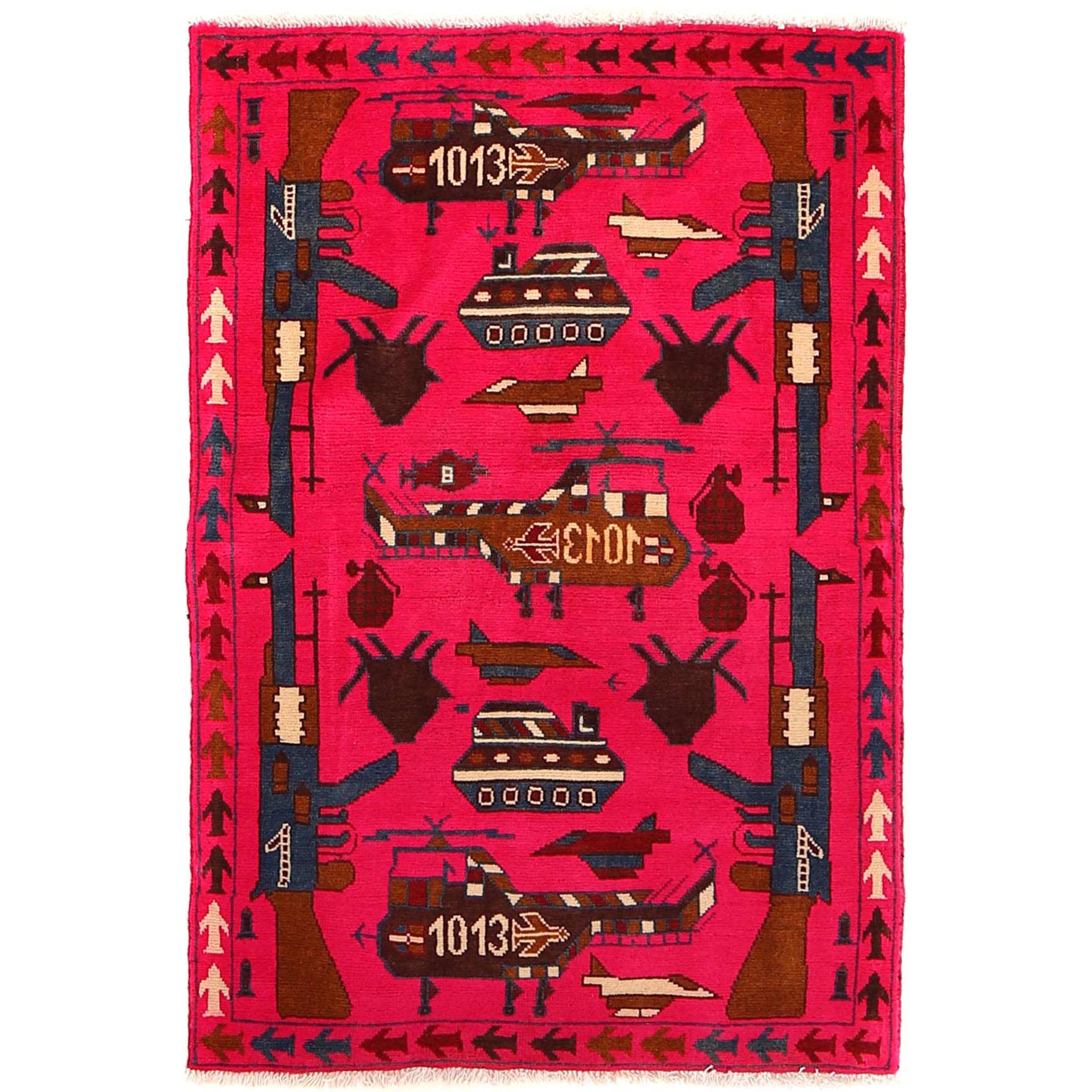 Afghan Unique Tribal Weapons Symbol Carpet 3.9x2.6 ft
