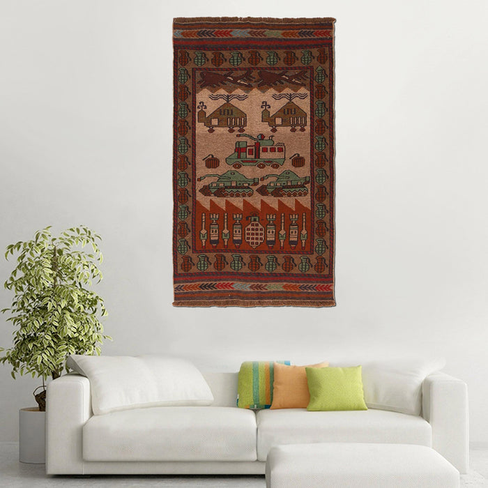 Historical Afghan War Tanks & Helicopter Carpet 4.4x2.5 ft