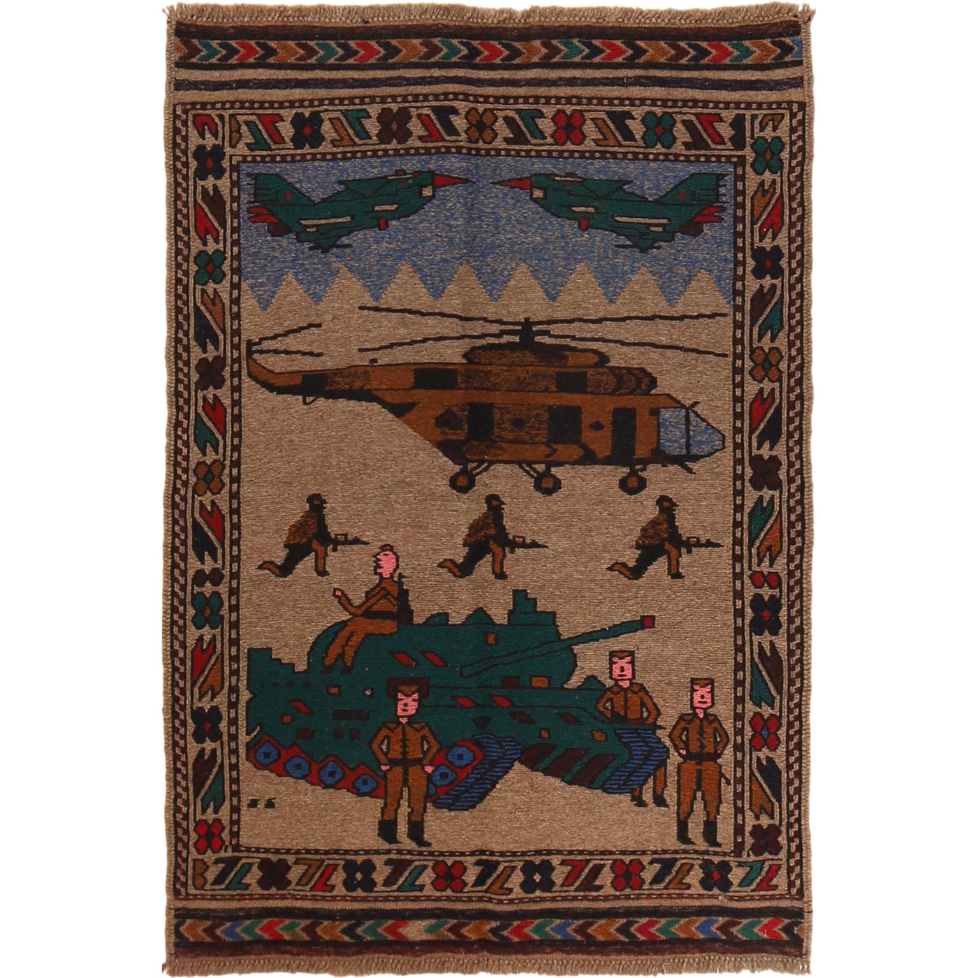 Artisan Handwoven War Helicopter Rug 4.3x3 ft
