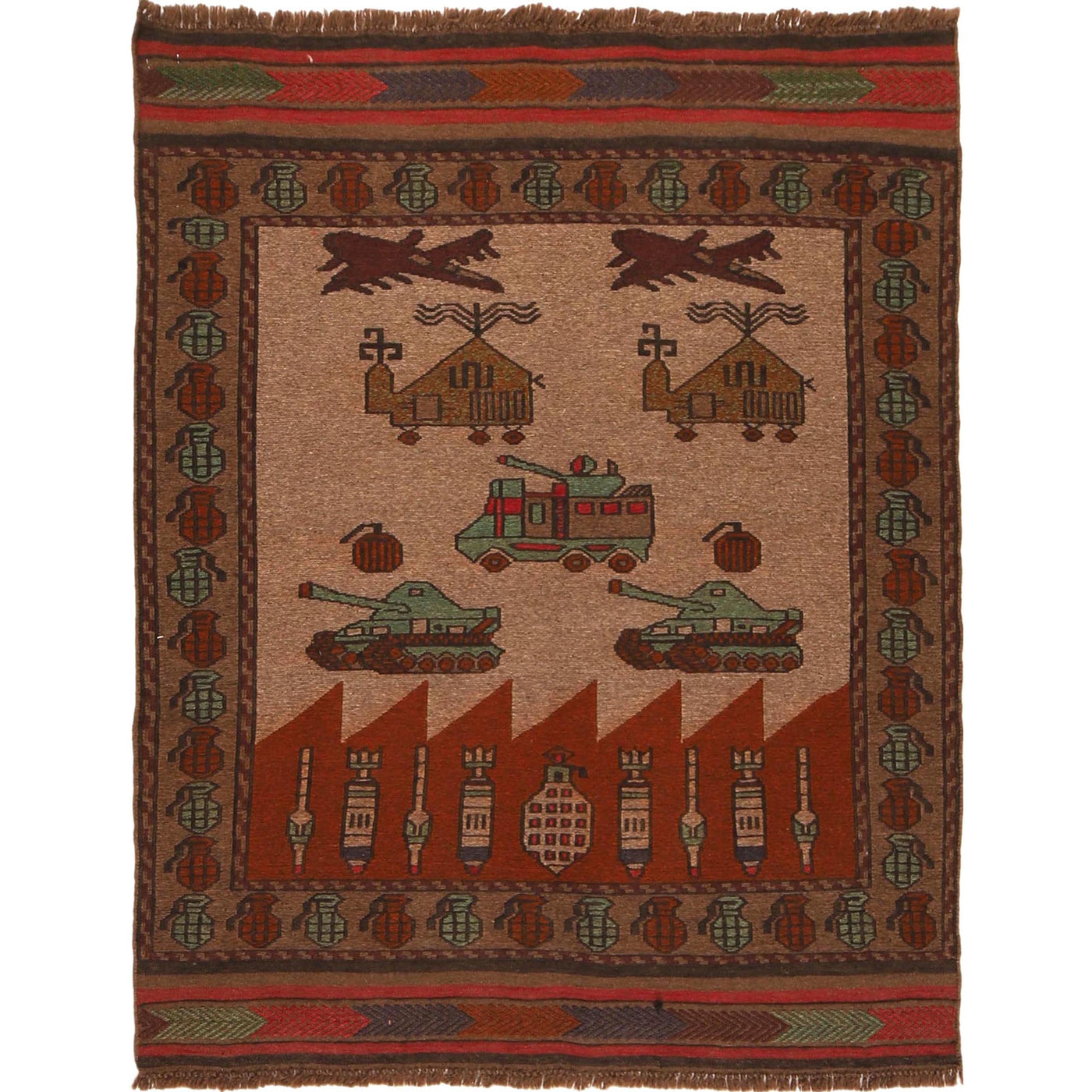 Vintage Battle Scene Carpet 4.3x3.4 ft