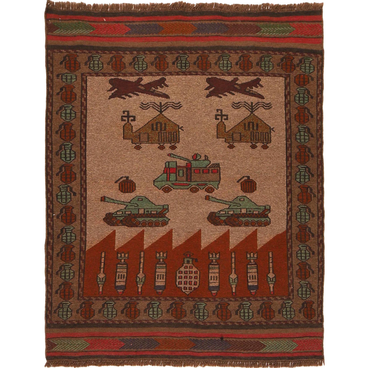 Vintage Battle Scene Carpet | Handwoven Afghan Rug — saneens.com