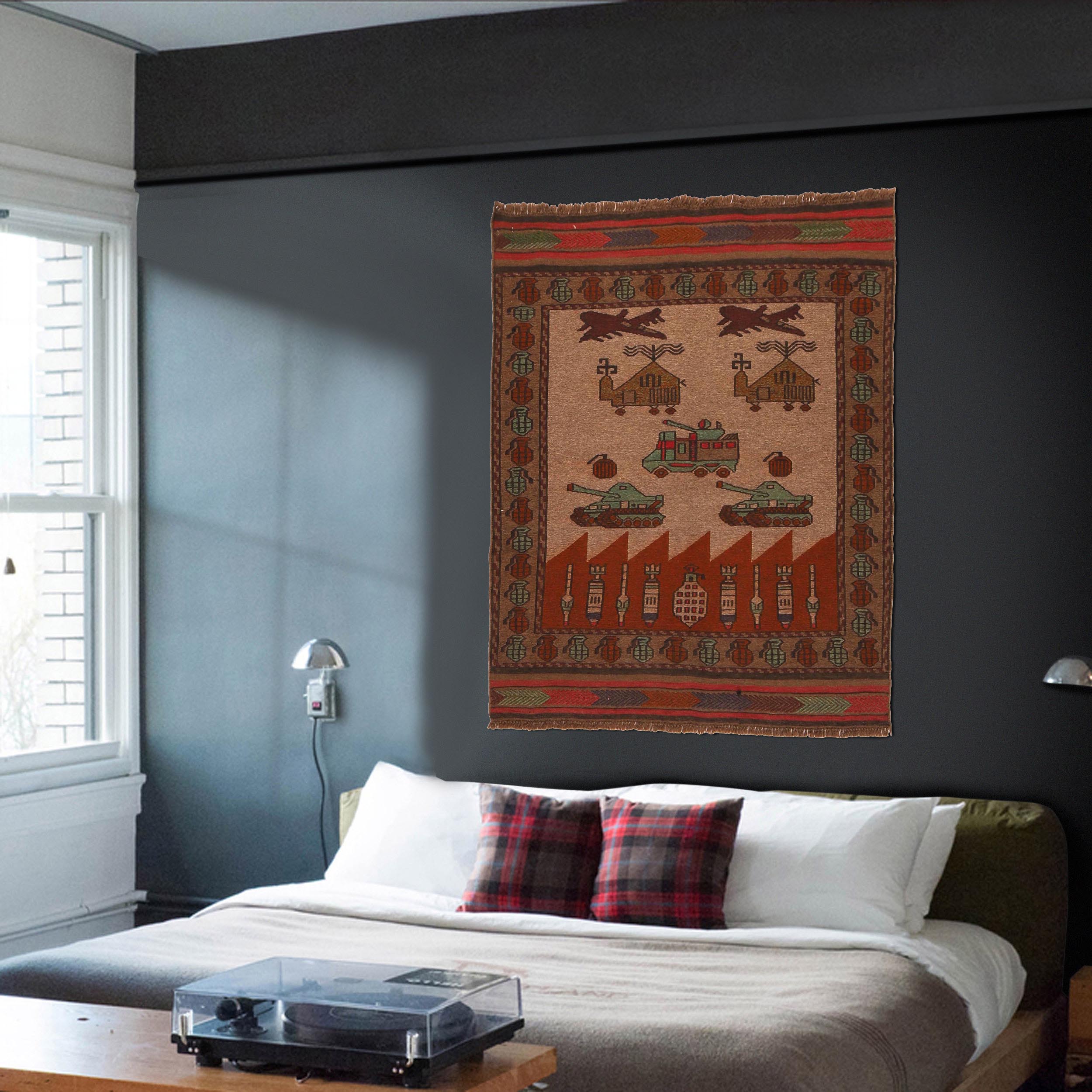 Vintage Battle Scene Carpet 4.3x3.4 ft