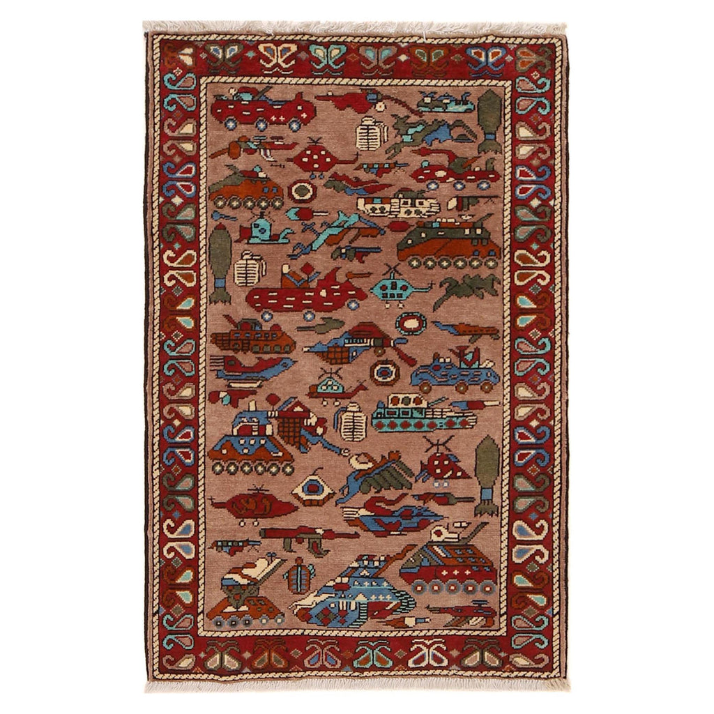 Afghan War Weapons Artisan Woven Carpet 3.9x2.5 ft
