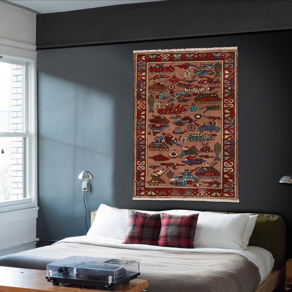 Afghan War Weapons Artisan Woven Carpet 3.9x2.5 ft