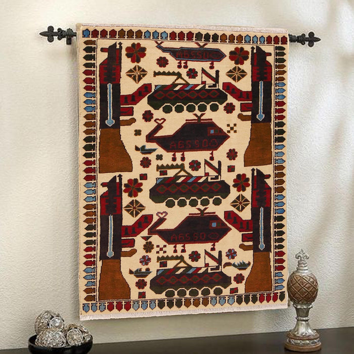 Handcrafted Heritage War Weapons Carpet 4.4x2.8 ft