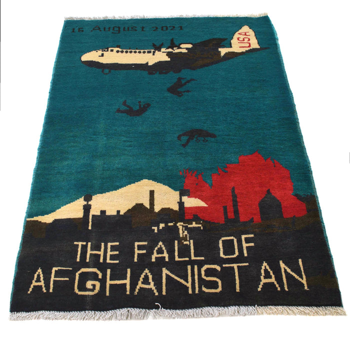 Afghan Man Falling Storytelling War Rug 4x2.6 ft