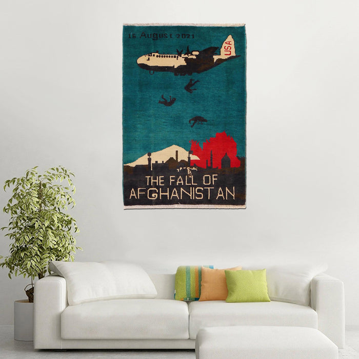 Afghan Man Falling Storytelling War Rug 4x2.6 ft