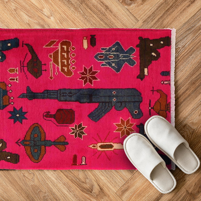 Afghan AK-47 Rug Symbolic Motif 2.8x1.9 ft