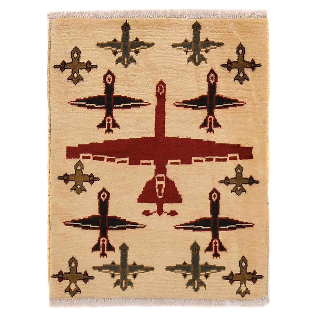 Afghan Airplane Rug Unique Collectible 2.4x2 ft