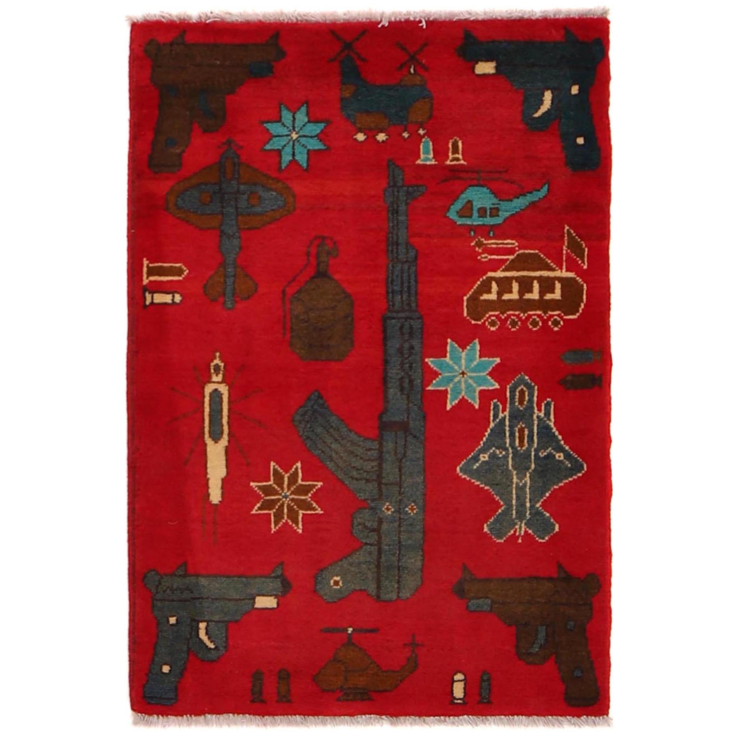 Afghan AK-47 Rug Story Motifs 2.8x2 ft