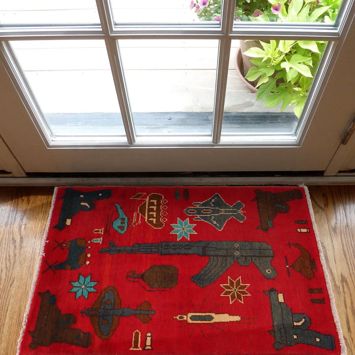 Afghan AK-47 Rug Story Motifs 2.8x2 ft